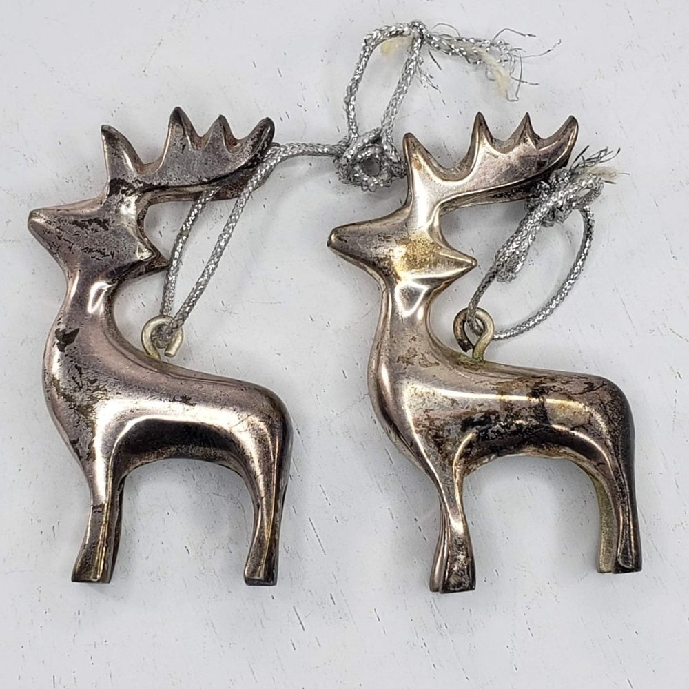 Vintage Metal Reindeer Buck Stag Ornament Christmas Set of 2